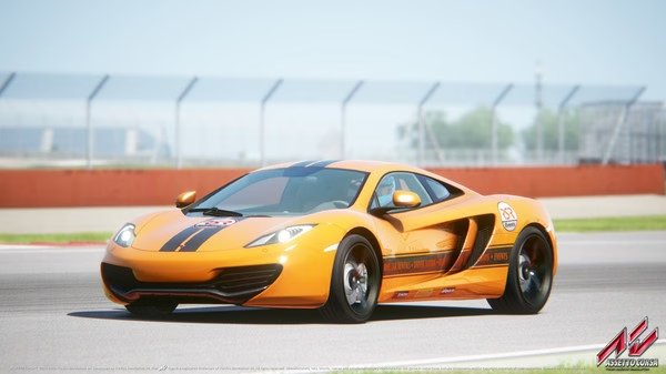 Screenshot from Assetto Corsa showing an orange sports car speeding on a race track with a blurred background.