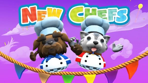 Screenshot from Overcooked! 2 showing two animated chefs, a dog and a cat, standing on a colorful rope with balloons in the sky.