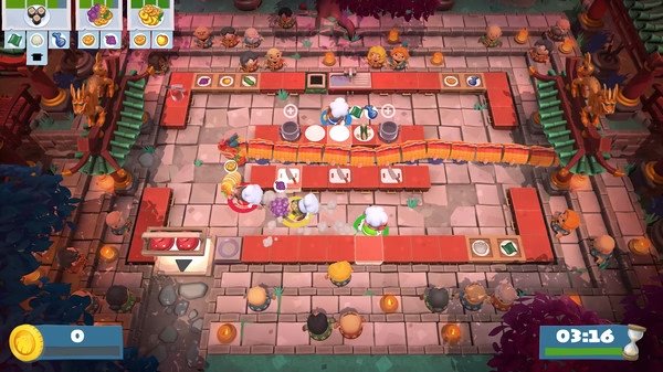 Screenshot from Overcooked! 2 showing chefs scrambling in a busy kitchen with a dragon weaving through the center.