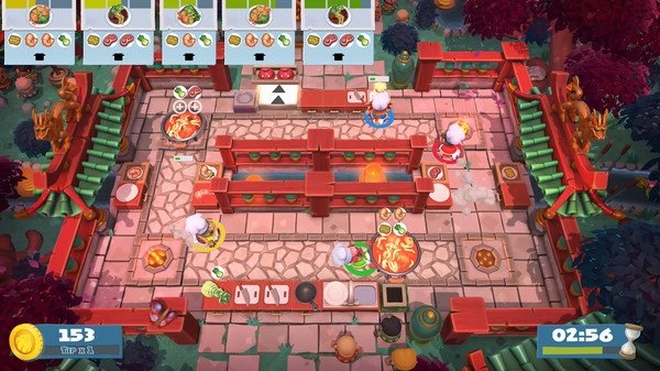 Overcooked! 2 screenshot: Four chefs frantically prepare dishes in a vibrant outdoor kitchen with multiple serving areas.