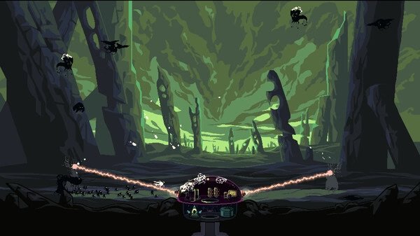 Dome Keeper screenshot: A dome in a rocky alien landscape fends off creatures with laser beams under a green sky.