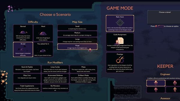 Dome Keeper screenshot showing the scenario selection menu, including difficulty, map size, and keeper options for gameplay setup.
