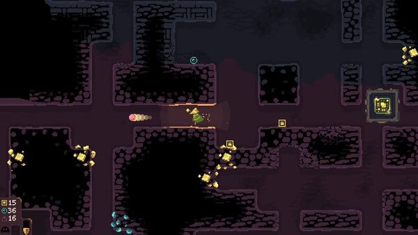 Dome Keeper screenshot: A character digs through underground tunnels collecting resources, surrounded by dark caverns and glowing elements.