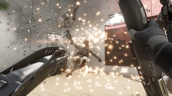 Trepang2 screenshot: Intense combat scene with soldiers dodging gunfire in a room, debris flying around.