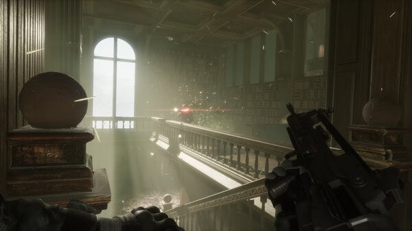 Trepang2 screenshot: A player holds a gun while aiming at an enemy in a sunlit, ornate hall with flying debris and gunfire effects.