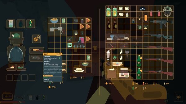 SULFUR screenshot: Inventory screen showing weapons, gear, and items organized in a grid with stats for a selected object.