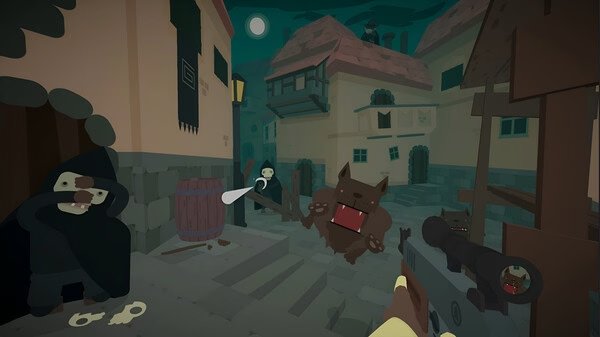 Screenshot from SULFUR: A player aims at a charging beast in a dimly lit medieval village street under a full moon.