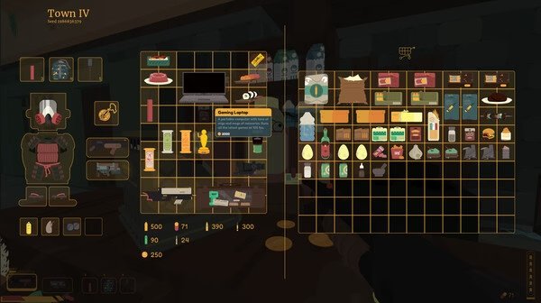 SULFUR screenshot: Inventory screen showing various items, weapons, and resources organized in a grid layout in Town IV.