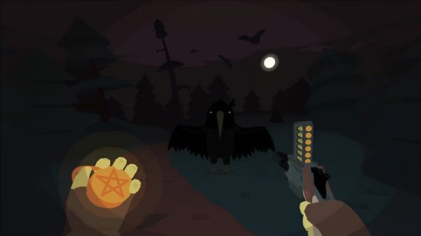 Screenshot from SULFUR: A player holds a glowing symbol and revolver, facing a large, shadowy bird under a moonlit sky.