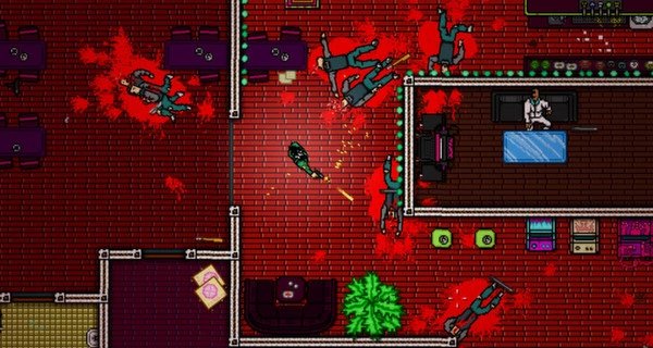Hotline Miami 2: Wrong Number screenshot: A character fires at enemies in a blood-splattered room with a bartender watching.