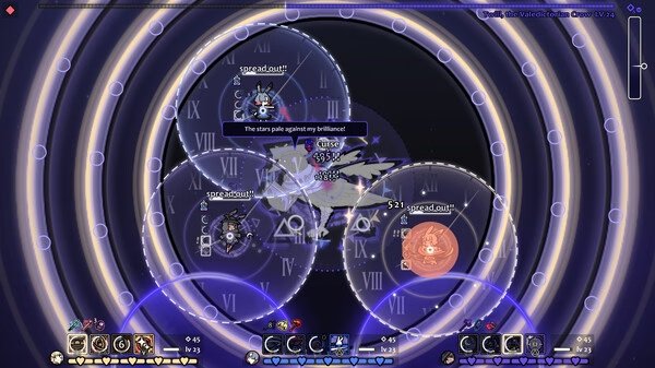Screenshot from 'Rabbit and Steel': A dynamic battle scene with characters surrounded by mystical circles and numbers in space.