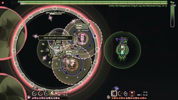 Screenshot from 'Rabbit and Steel' showing characters battling with health bars and action commands in a circular arena.