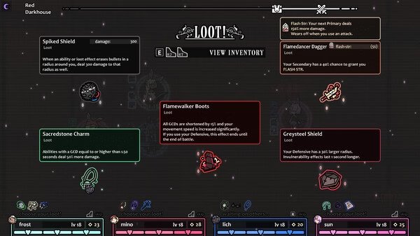 Screenshot from 'Rabbit and Steel' showing a loot inventory screen with various items and character stats at the bottom.