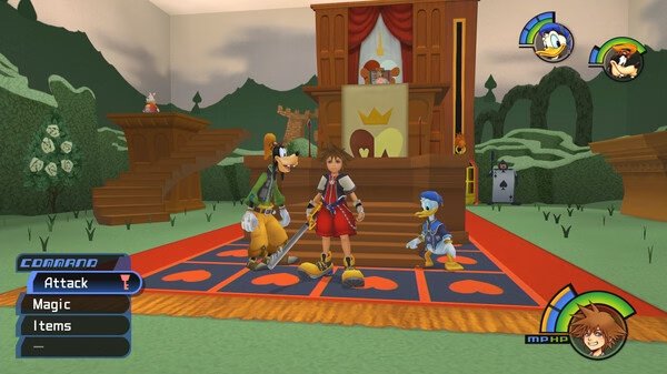 KINGDOM HEARTS -HD 1.5+2.5 ReMIX screenshot: Sora, Donald, and Goofy stand in front of a throne in a card-themed room.