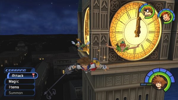 Screenshot from KINGDOM HEARTS -HD 1.5+2.5 ReMIX showing Sora, Peter Pan, Goofy, and Donald near a glowing clock tower at night.