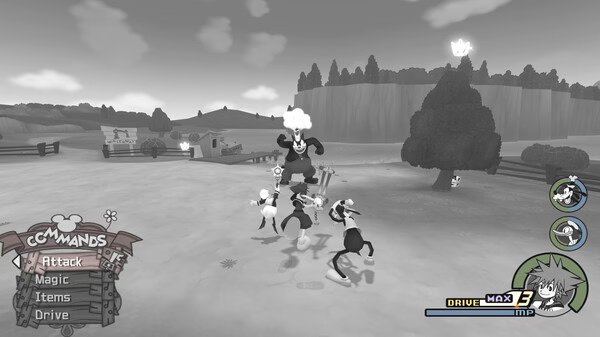 Screenshot from KINGDOM HEARTS -HD 1.5+2.5 ReMIX showing Sora, Donald, and Goofy battling enemies in a grayscale farm setting.
