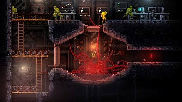 Screenshot from CARRION showing a monstrous creature with tentacles in a dark facility, surrounded by armed humans.
