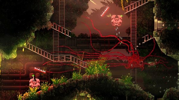 CARRION screenshot: A red, tentacled creature moves through an industrial area with platforms, ladders, and two floating enemies.