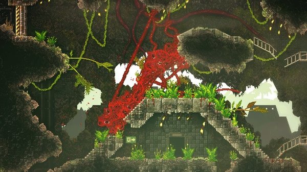 Screenshot from CARRION showing the red, tentacled monster moving through a cave-like environment filled with greenery and stone structures.