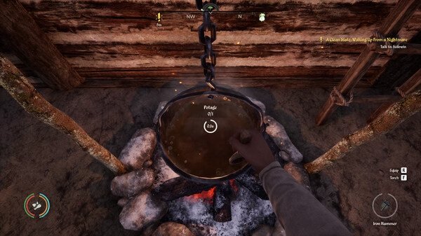 A Medieval Dynasty screenshot showing a pot of stew cooking over a fire. A hand stirs the pot inside a rustic wooden cabin.