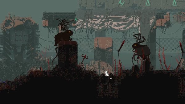 Rain World screenshot featuring a white slugcat surrounded by two robotic creatures in a post-apocalyptic environment.