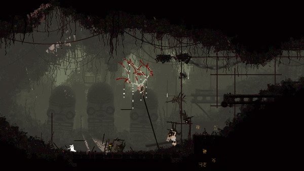 Rain World screenshot: A white slugcat navigates a dark, overgrown area with structures and threats, amidst a mysterious atmosphere.