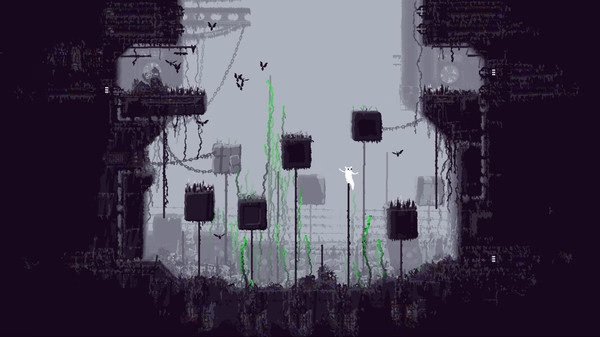 A 'Rain World' screenshot showing the slugcat navigating a dark, industrial landscape with platforms and flying creatures.