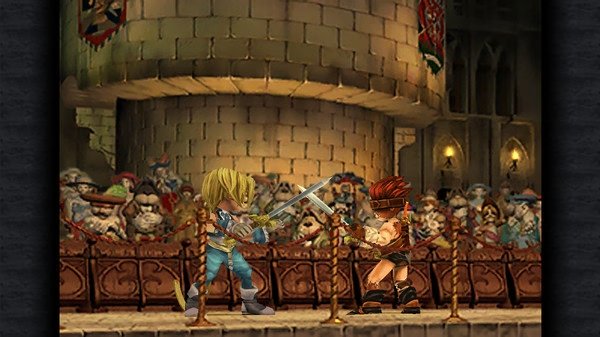 A FINAL FANTASY IX screenshot showing two characters in a sword duel on stage, with an audience watching in the background.