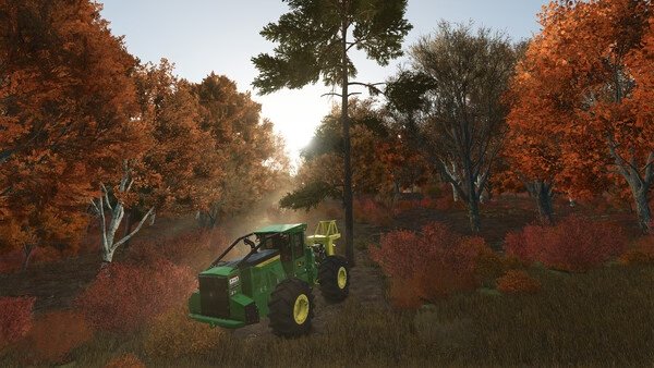 Farming Simulator 25 screenshot: A green tractor operates in a vibrant autumn forest, surrounded by colorful foliage under a clear sky.