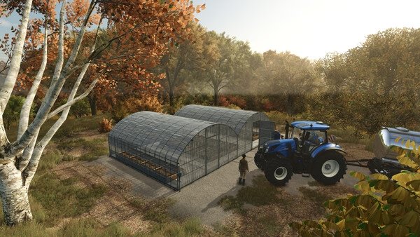 Farming Simulator 25 screenshot: A blue tractor parked beside greenhouses, surrounded by autumn trees and a farmer standing nearby.