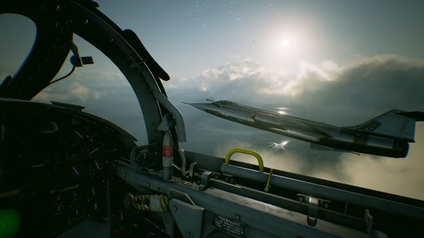 A screenshot from ACE COMBAT 7: SKIES UNKNOWN showing a fighter jet soaring through clouds, viewed from another cockpit.