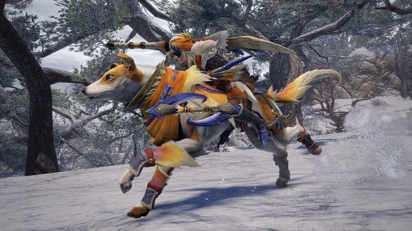 MONSTER HUNTER RISE screenshot: A hunter riding a Palamute through a snowy forest, equipped with armor and weapons, ready for adventure.