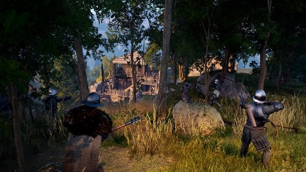 A Bellwright screenshot showing armed characters in a forest near a wooden settlement, preparing for an ambush.