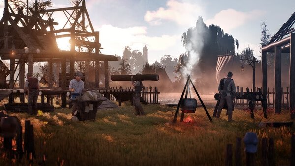 Bellwright screenshot: Several villagers work on constructing wooden buildings in a lush, sunlit rural setting.