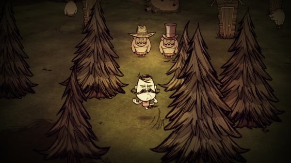 Don't Starve screenshot: A character in a forest clearing surrounded by pine trees, with two humanoid figures wearing hats in the background.