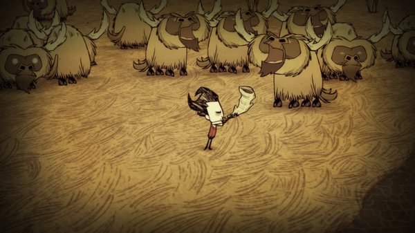 Don't Starve screenshot: A character holding a horn stands among a herd of woolly beefalo on a textured ground.