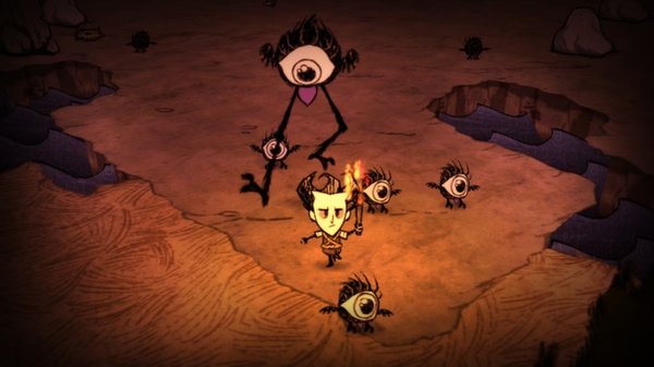 A Don't Starve screenshot showing a character holding a torch, surrounded by hostile eye creatures in a dark, eerie landscape.