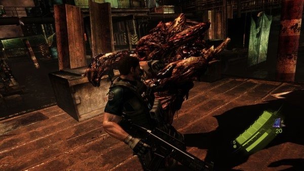 Resident Evil 6 screenshot: A character battles a monstrous creature in a dimly lit, industrial setting, with a health bar visible.