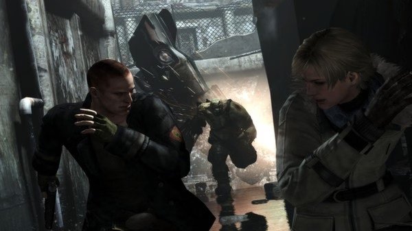 Resident Evil 6 screenshot: Two characters run from a large, armored creature in a dark, industrial corridor.