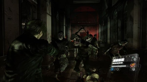 Resident Evil 6 screenshot: A character aims a gun at approaching zombies in a dimly lit, decrepit hallway.