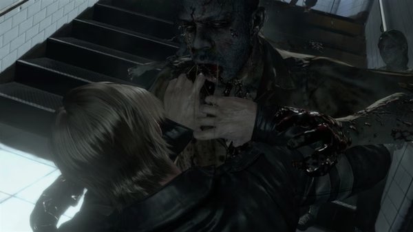 Resident Evil 6 screenshot: A character in combat with a zombie on a dimly lit staircase, showcasing intense action.