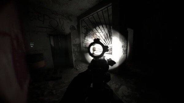 Screenshot from the game Bodycam shows a dimly lit room with graffiti, viewed through a gun's scope.