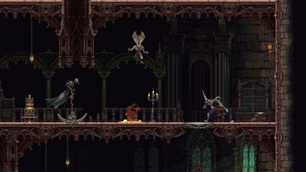 Blasphemous 2 screenshot: A cloaked figure confronts a knight in a gothic corridor, with a winged creature hovering above.