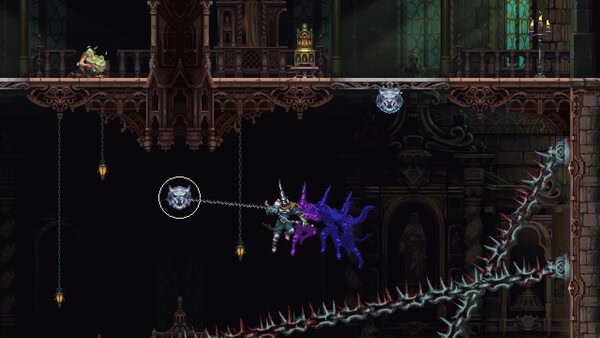 Blasphemous 2 screenshot: A character swings across spikes using a chain, while an enemy lurks above in a gothic setting.