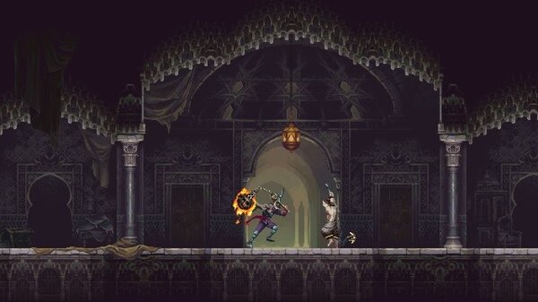 Blasphemous 2 screenshot: A warrior clashes with an enemy in a dark, ornate hallway, wielding a glowing weapon.