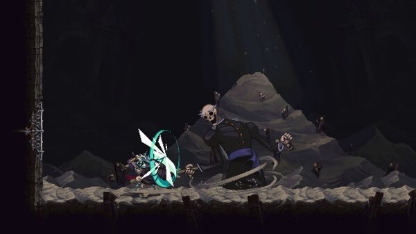 Blasphemous 2 screenshot: The Penitent One battles a towering skeletal foe in a dark, ominous cavern filled with debris.