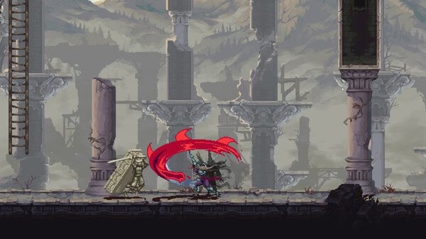 Blasphemous 2 screenshot: A warrior swings a red energy attack at a stone enemy amid crumbling pillars in a desolate landscape.