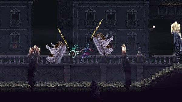 Blasphemous 2 screenshot: A character battles two ghostly enemies on a stone staircase in a dark, eerie environment.