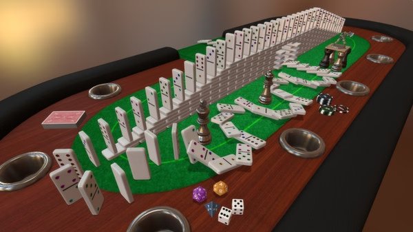 Tabletop Simulator screenshot showcasing a domino setup on a green table, surrounded by dice, poker chips, and chess pieces.
