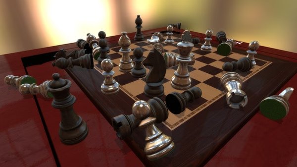 Tabletop Simulator screenshot showing a chaotic chess game with pieces scattered across the board and the table.